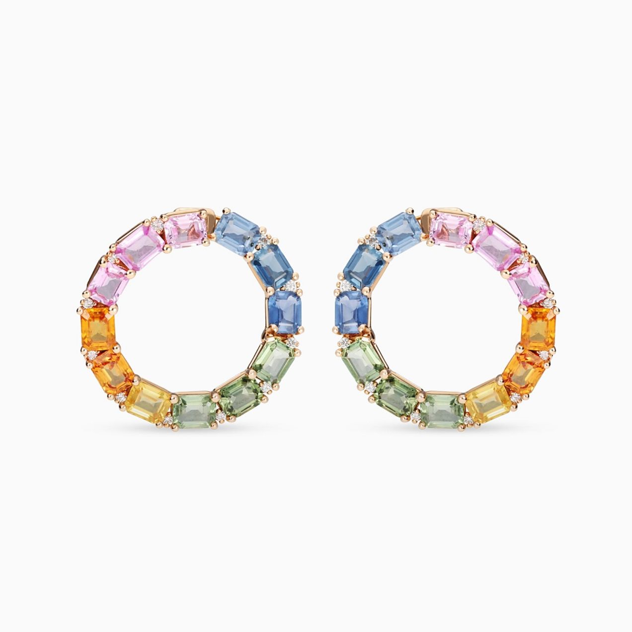 Rose gold hoop earrings with emerald-cut multicoloured sapphires and diamonds