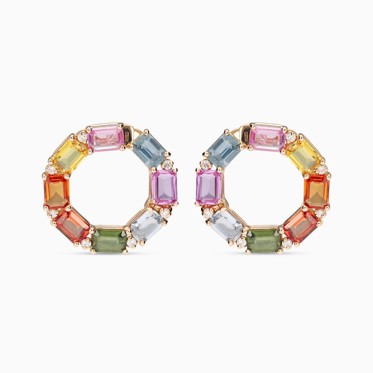 Rose gold hoop earrings with emerald-cut multicoloured sapphires and diamonds