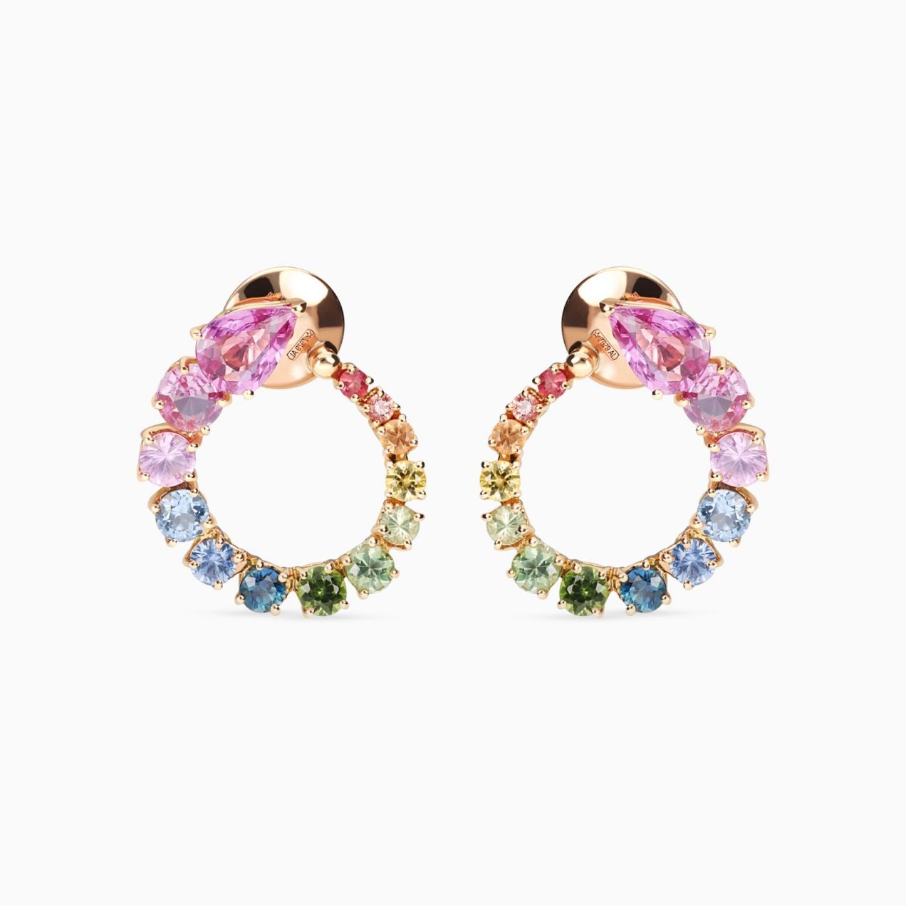 Pendientes de aro de oro rosa con zafiros multicolor degradé y zafiros rosas talla pera