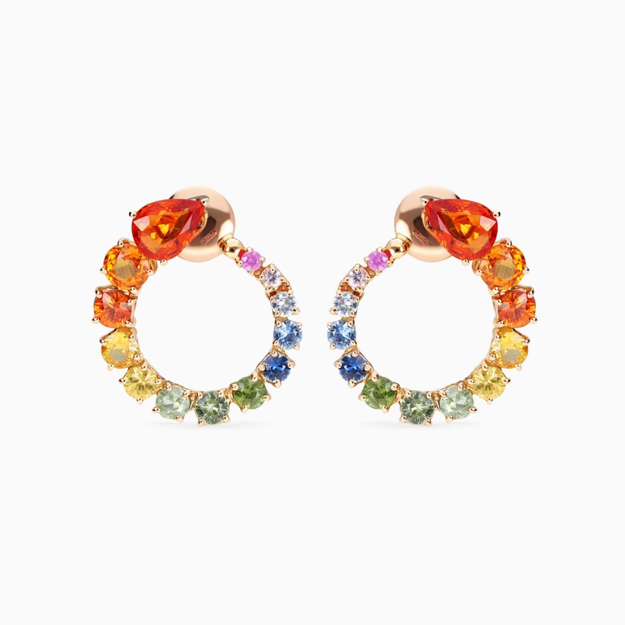 Rose gold hoop earrings with multicoloured sapphires and pear-cut orange sapphires