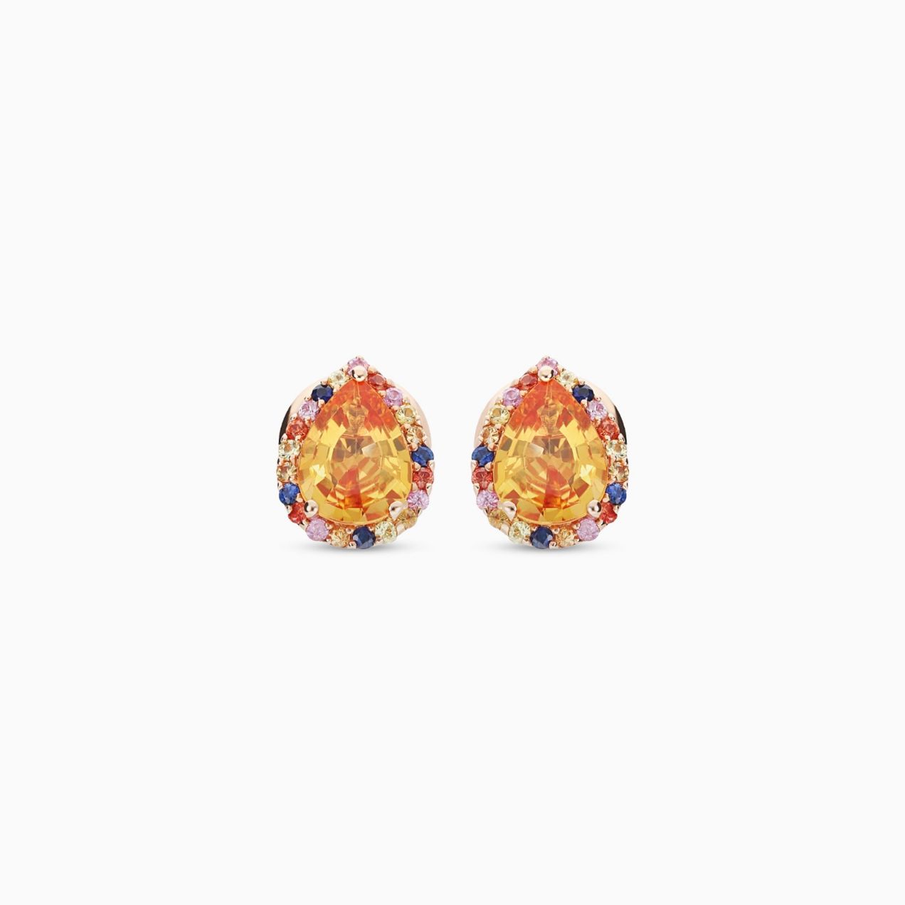 Pendientes de oro rosa con zafiros amarillos talla pera y orla de zafiros multicolor