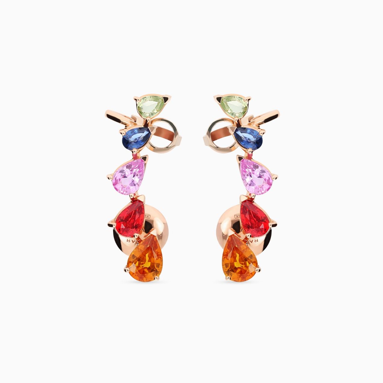 Rose gold earcuffs earrings with pear-cut multicoloured sapphires