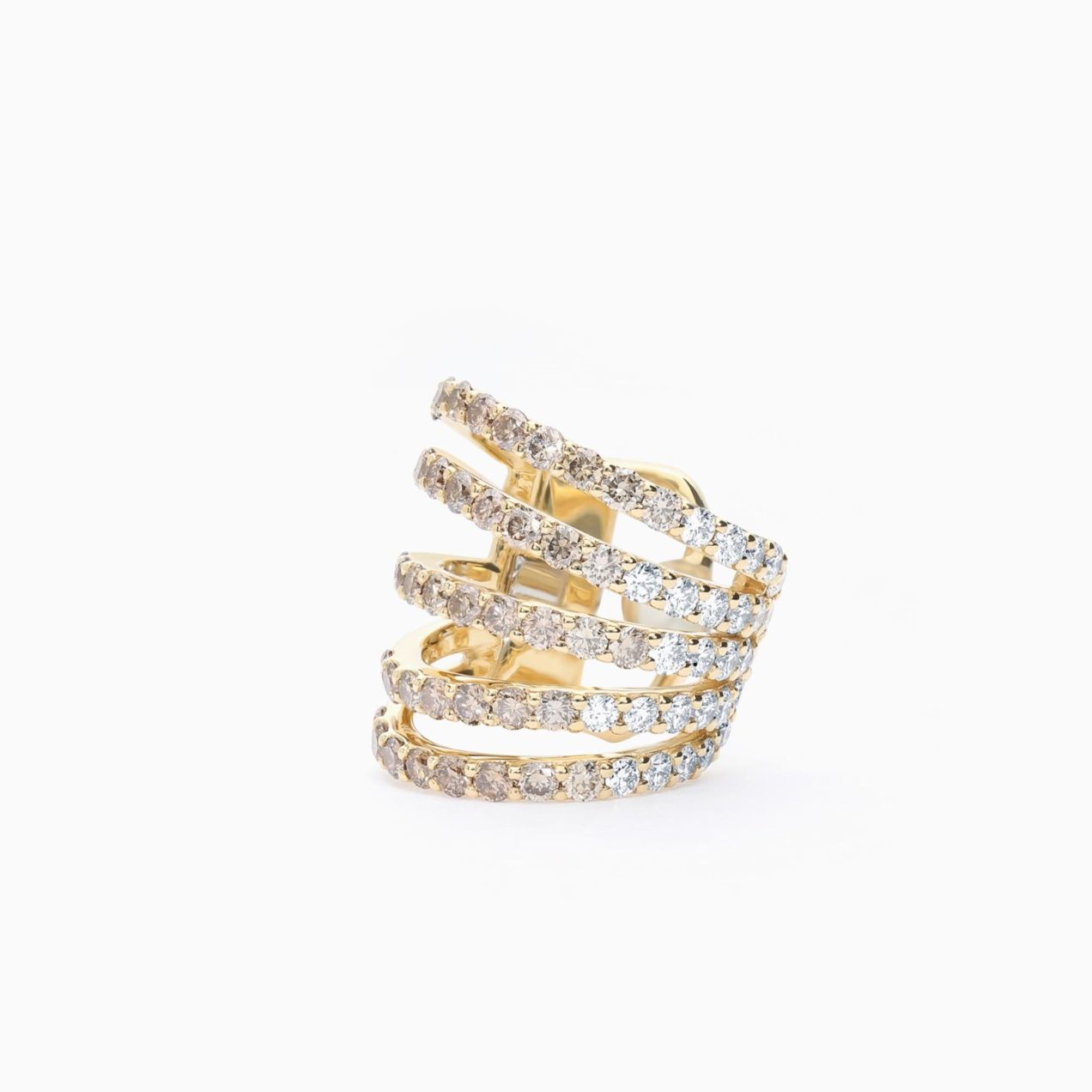 Yellow gold ear cuff earring with rows of brown and white diamonds