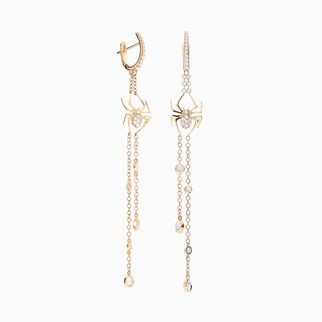 Pink gold spider long earrings with rows of diamonds 
