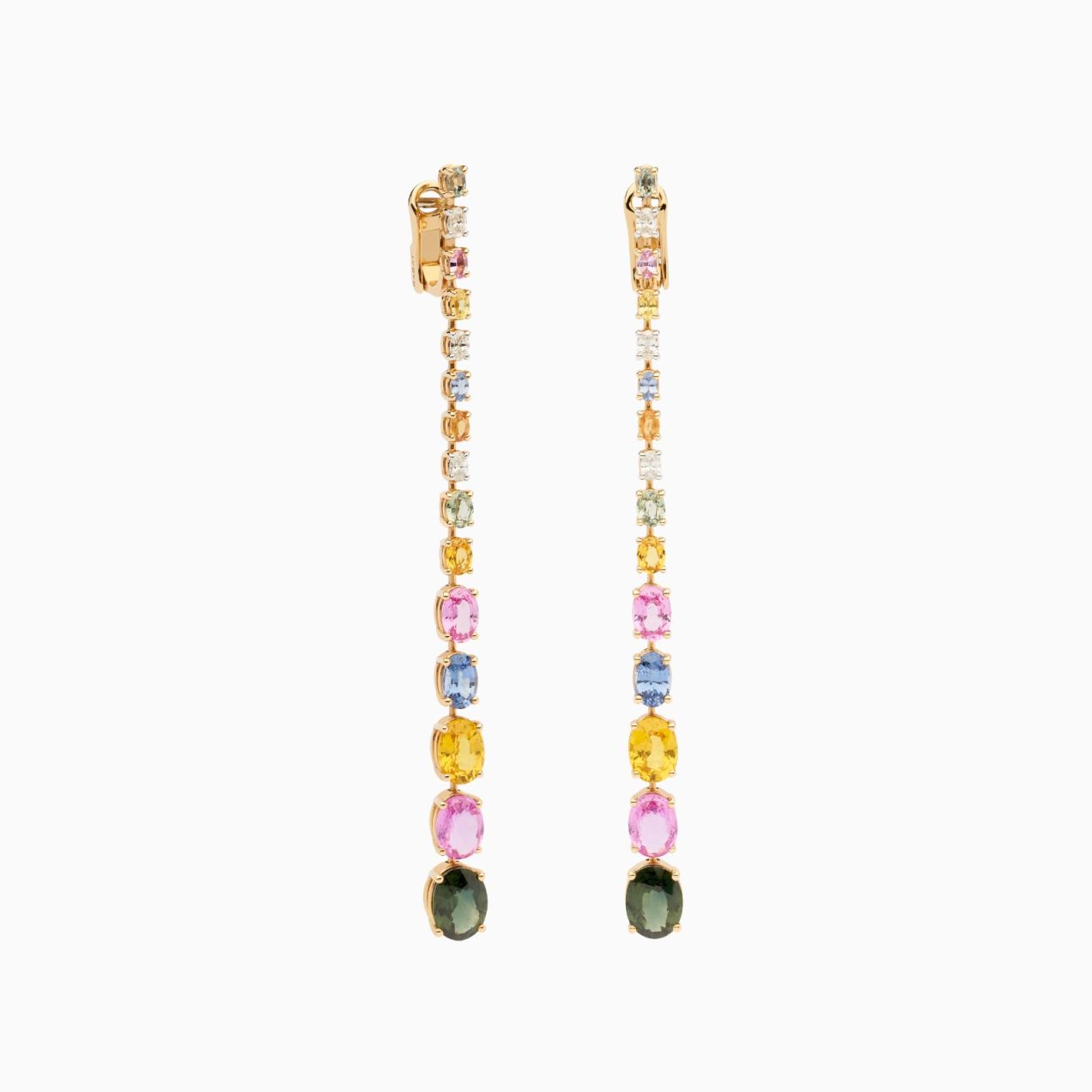 Long earrings in rose gold with multicoloured sapphires and diamonds
