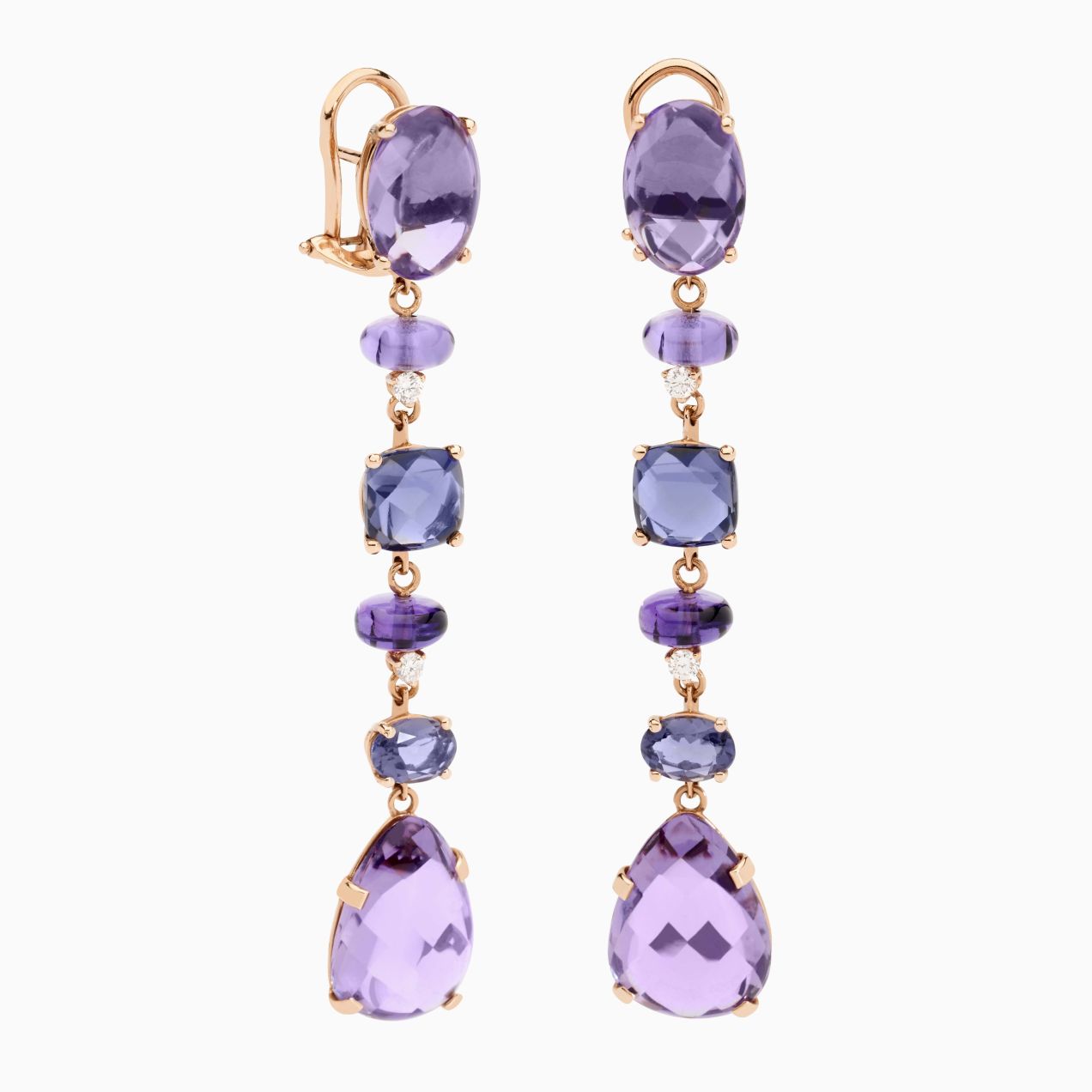 Pink gold earrings with gems amethyst, iolita and chalcedony