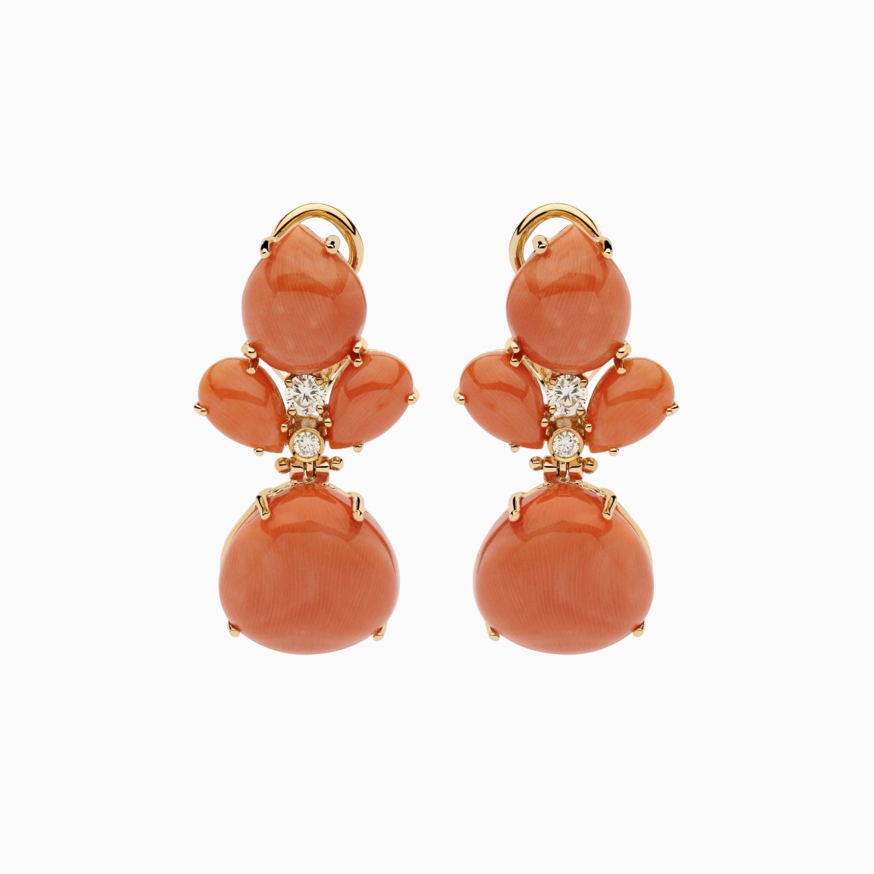 Rose gold earrings with coral gems and diamonds