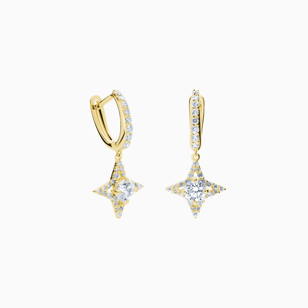 Star earrings in yellow gold with a central diamond and diamond halo