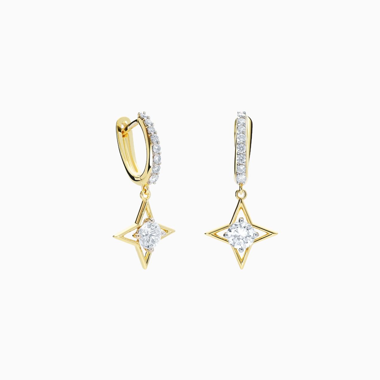 Star earrings in yellow gold with diamonds and a central diamond