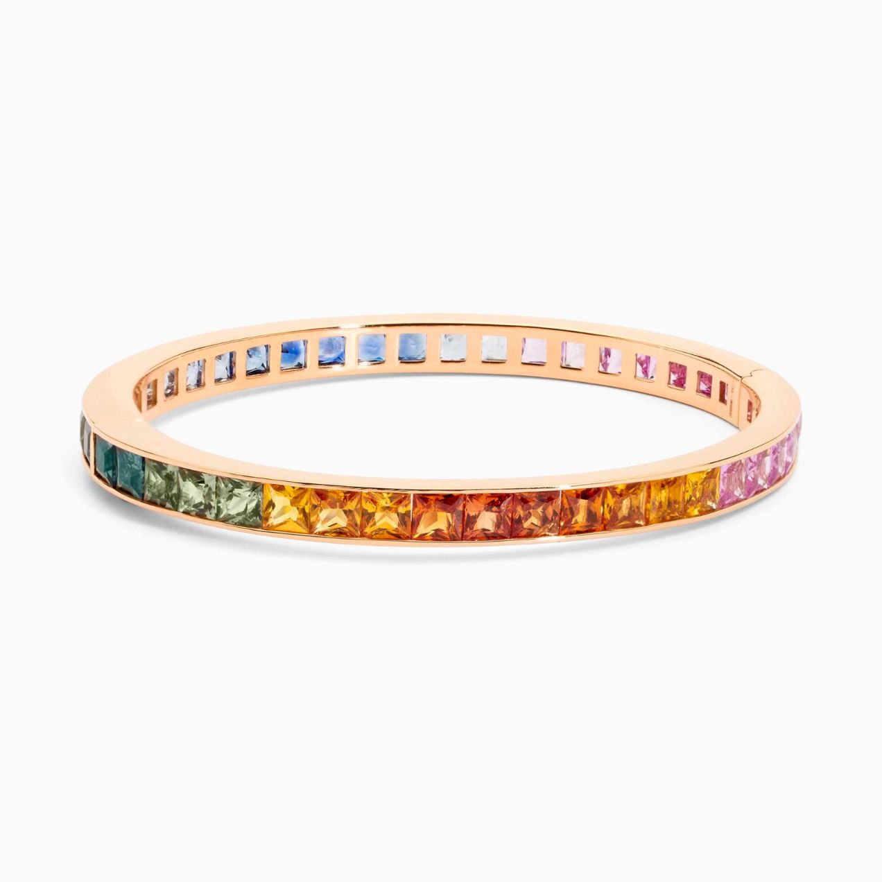 Rose gold cuff bracelet with multi-coloured sapphires