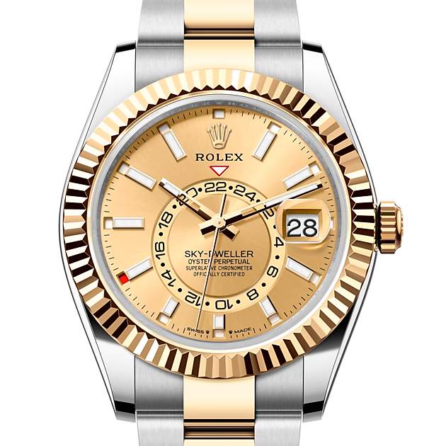 Rolex Sky-Dweller ref: M336933-0001 de rolesor amarillo —combinación de acero oystersteel y oro amarillo. Con esfera Color champagne y brazalete Oyster con cierre desplegable oysterclasp con cómodo sistema de extensión easylink de 5 mm