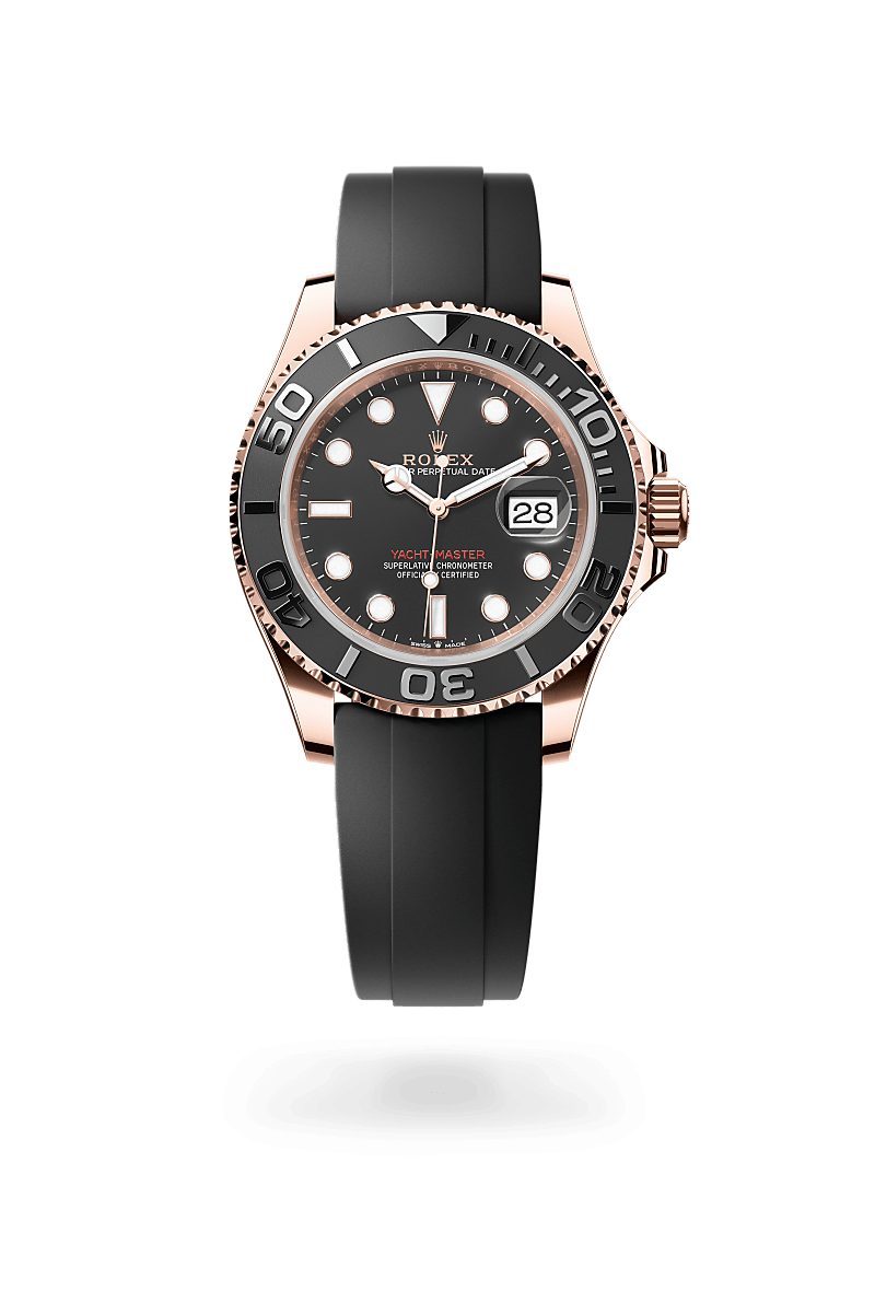 Rolex Yacht-Master 40 ref: M126655-0002 de oro everose de 18 quilates. Con esfera Negro intenso y brazalete Oysterflex con cierre de seguridad desplegable oysterlock con sistema de extensión rolex glidelock