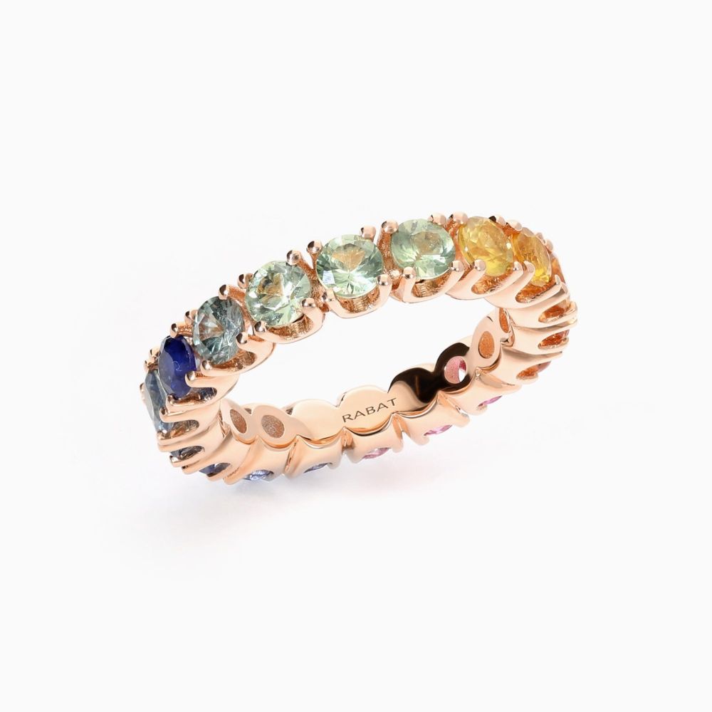 Rose gold band ring with multicoloured sapphires