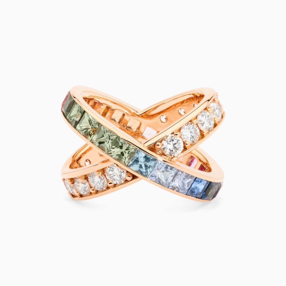 Rose gold crossover ring with multicoloured sapphires and diamonds