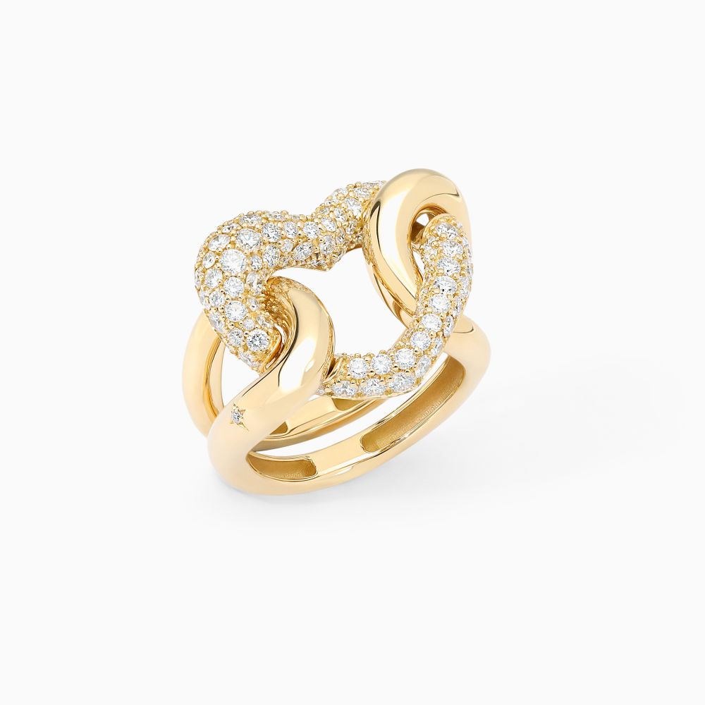 Anillo de oro rosa con eslabones en forma de corazón de pavé de diamantes en Joyería RABAT