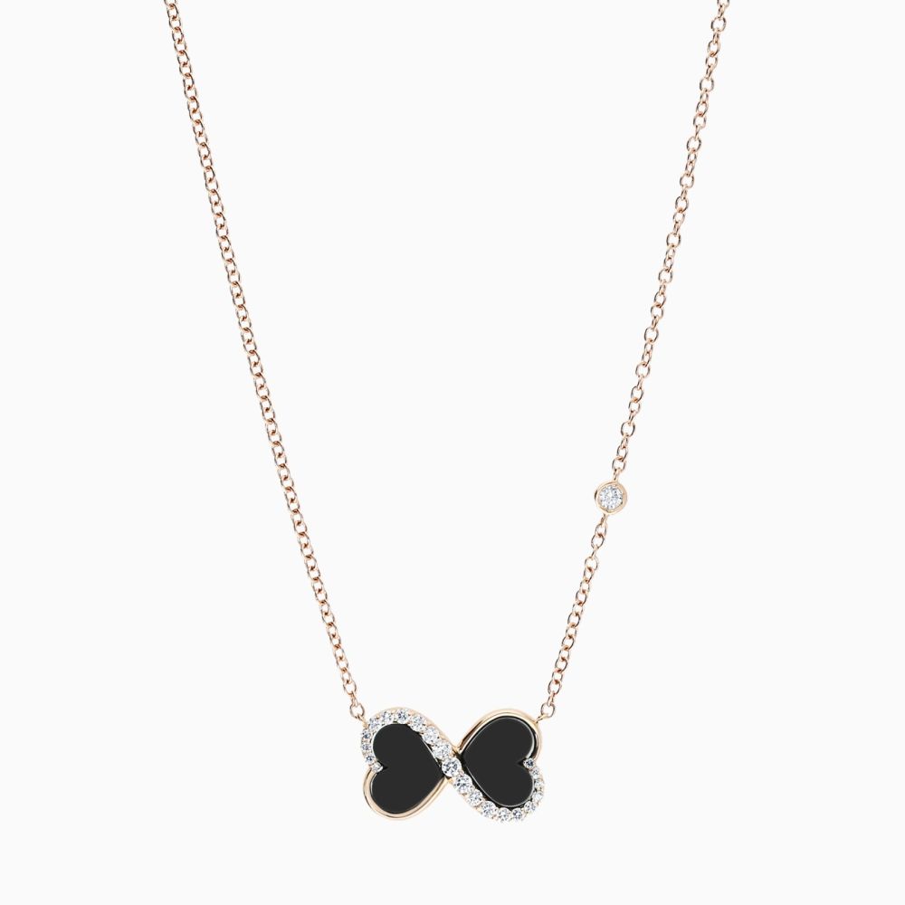Infinity symbol pendant in rose gold with heart-cut onyx and diamonds