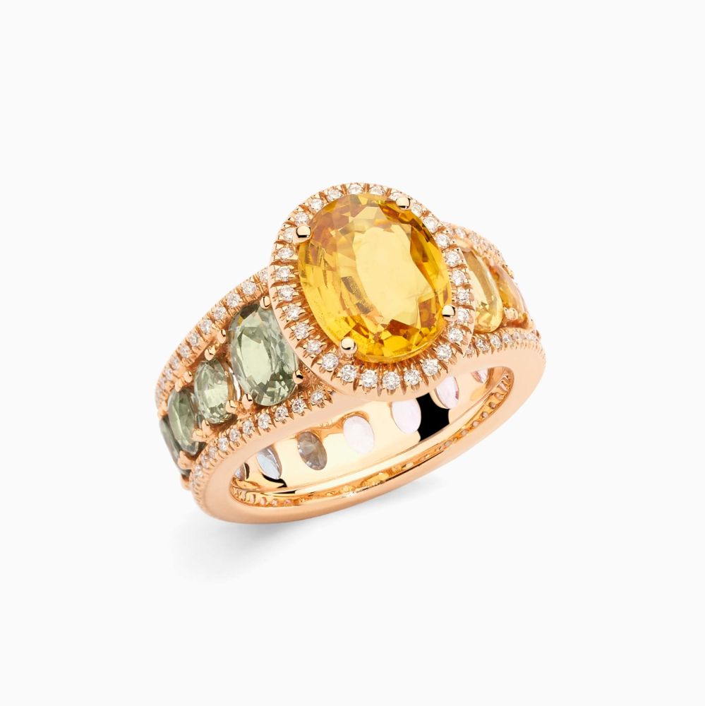 Rose gold ring with central yellow sapphire and multicoloured sapphire band