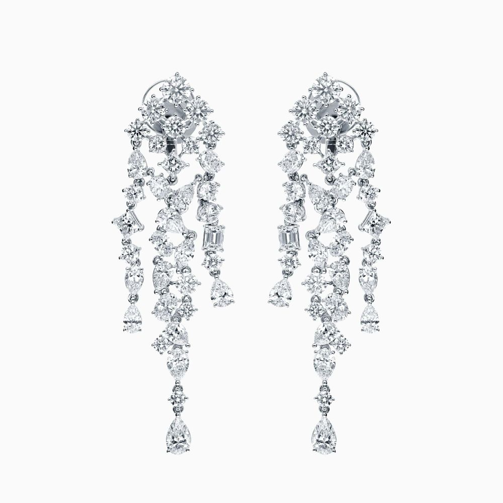White gold long cascade earrings with multi-cut diamonds