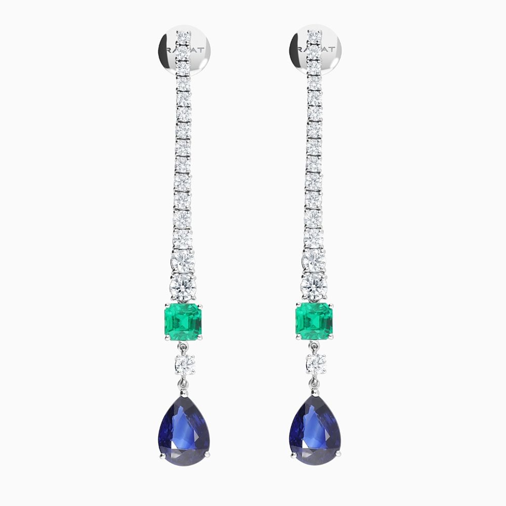 Pendientes rivière largos de oro blanco con zafiros, esmeraldas y diamantes