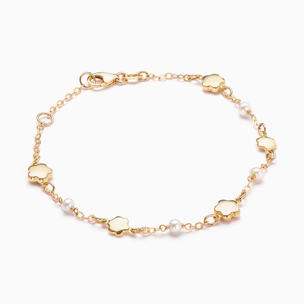 Pulsera infantil de oro amarillo con estrellas y perlas