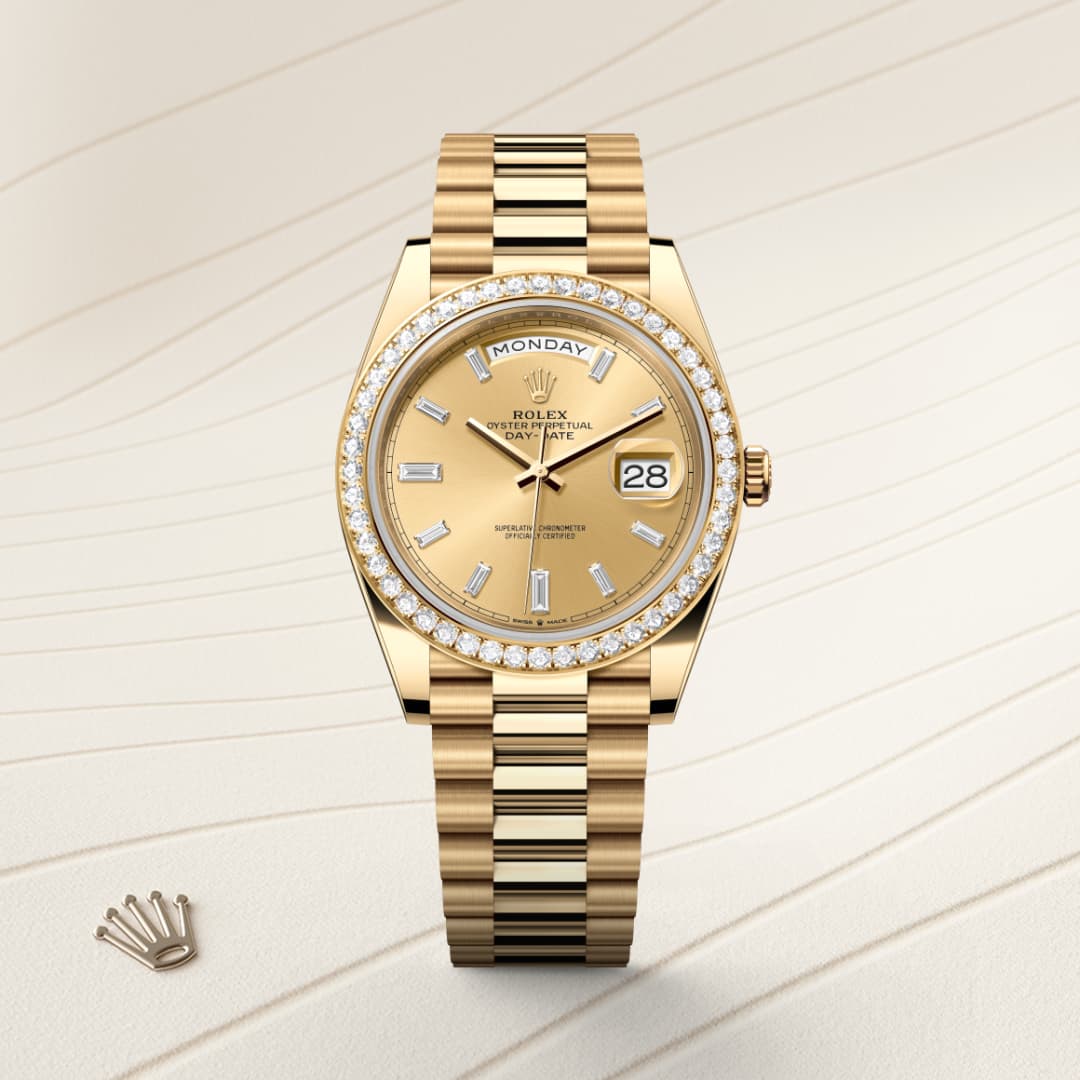 Rolex Day-Date 40 ref: M228348RBR-0002 oyster, 40 mm, oro amarillo y diamantes. De movimiento perpetual, mecánico, de cuerda automática con calibre 3255, Manufactura Rolex. 