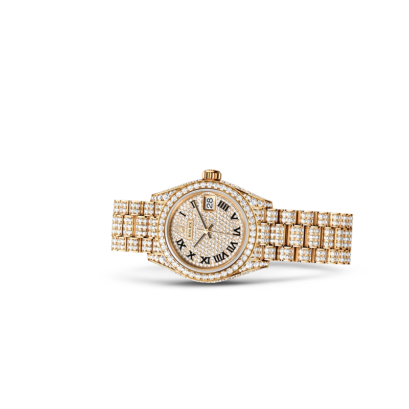 Detalle del brazalete del Rolex Lady-Datejust oro amarillo de 18 quilates con flancos de la carrura y asas engastados de diamantes ref: M279458RBR-0001