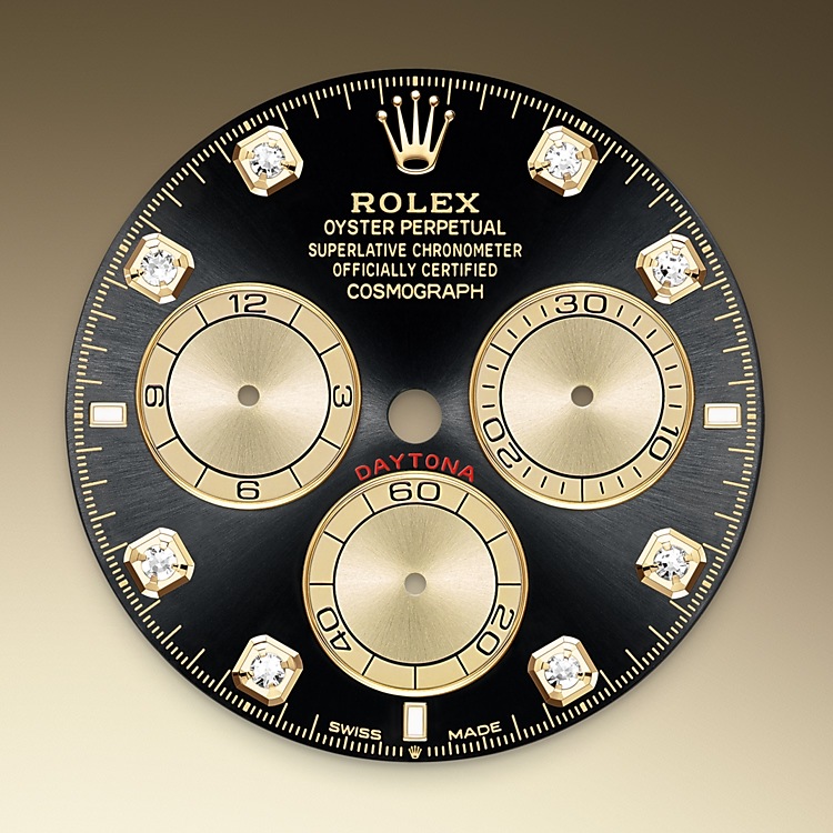 Esfera negro vivo y dorada del reloj Rolex Cosmograph Daytona M126508-0003