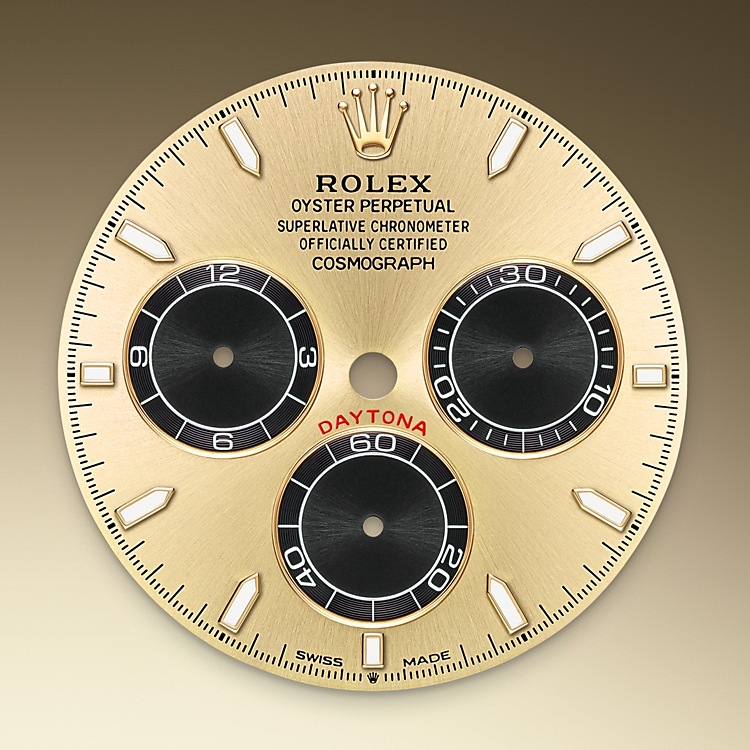 Esfera dorada y negro vivo del reloj Rolex Cosmograph Daytona M126518LN-0012